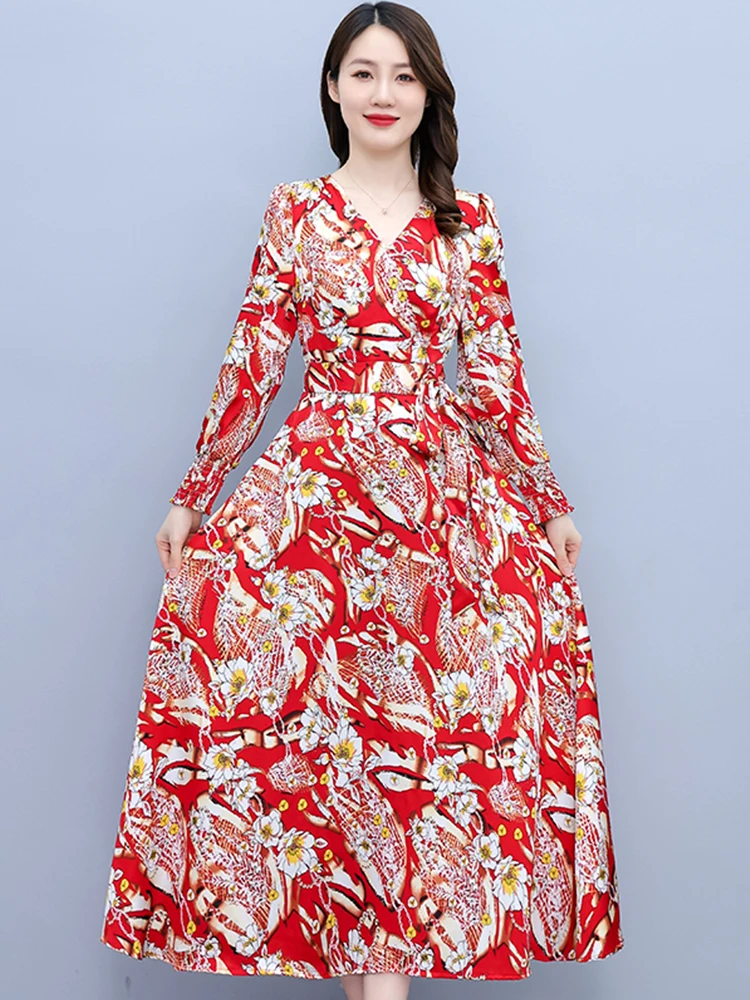 

Women Dresses For Spring Autumn 2023 V-Neck Satin Boho Casual Dress Long Sleeve Elegant Floral Bodycon Midi Party Korean Fashion