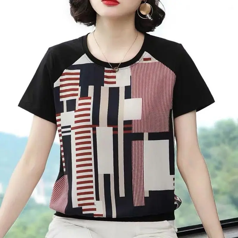 

Casual Fashion Patchwork Printed T-shirt Women's Clothing Summer All-match Female Round Neck Loose Short Sleeve Tops Pullovers