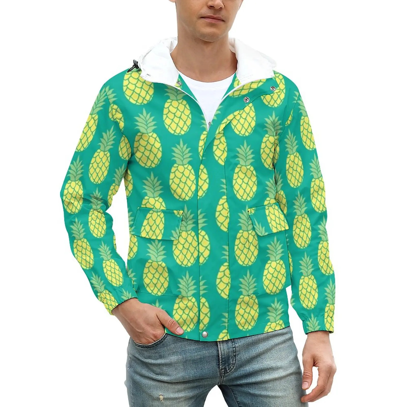 

Мужская зимняя куртка с капюшоном, с принтом в виде тропического ананаса