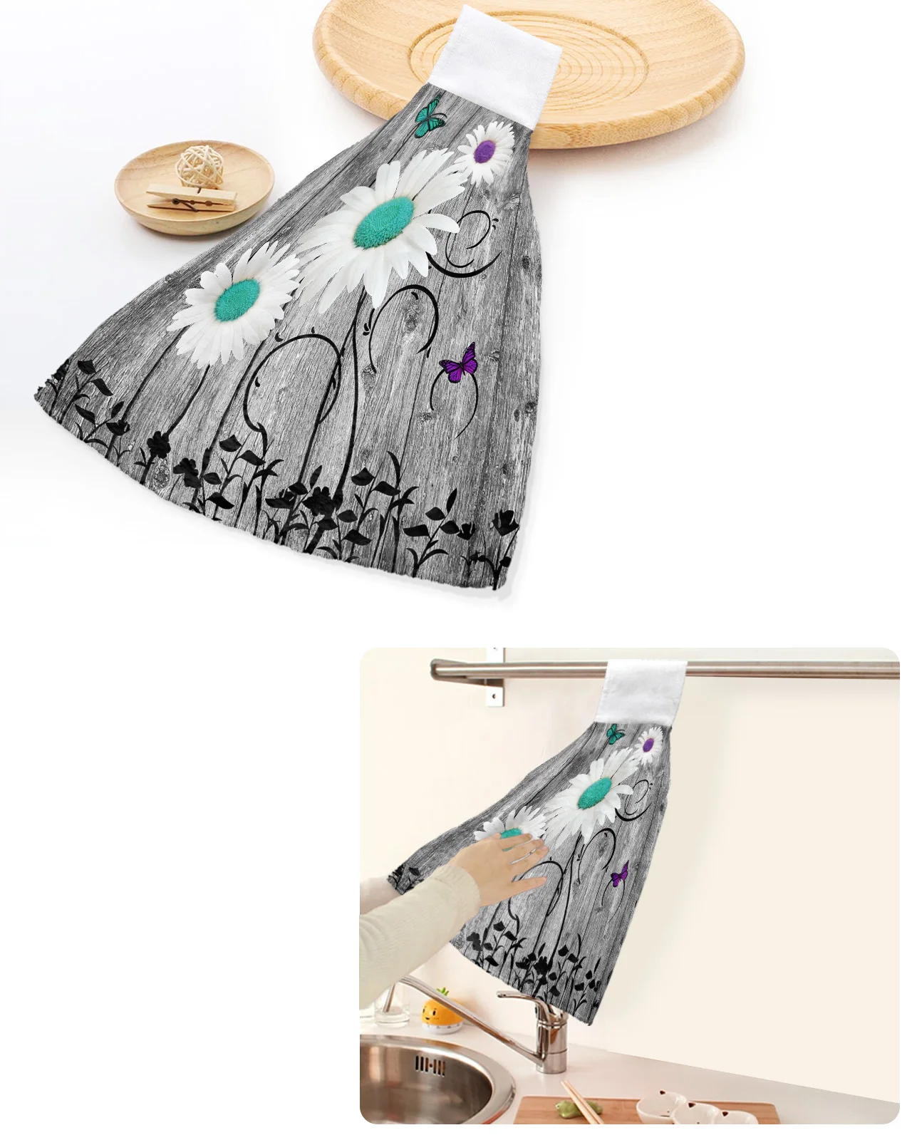 

Wood Grain Daisy Butterfly Retro Art Hand Towels Home Kitchen Bathroom Hanging Dishcloths Loops Soft Absorbent Custom Wipe Towel