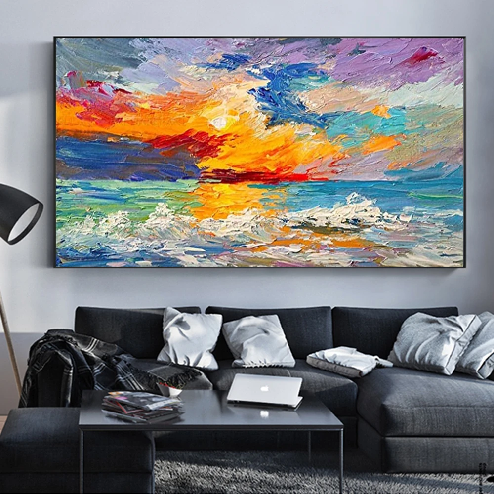 

Абстрактная Красочная картина маслом с облаками на холсте, настенное искусство, современный плакат с морским закатом, принты для гостиной, домашний декор, квадраты