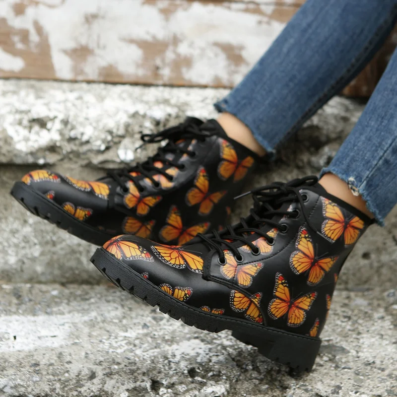 

Женские ботинки на шнуровке, удобные ботинки с принтом бабочки, большие размеры, Осень-зима 2022