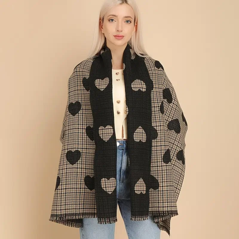 

Классический кашемировый шарф в клетку с кисточками зимний женский длинный утепленный теплый вязаный шарф в клетку с сердечками хиджаб-палантин