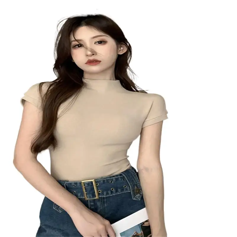 

Summer Knitted Cotton Women Inverted Turtleneck Crop Tops Sheathy Raglan Short Sleeve Soft Simplicity Solid Shirts Blouses