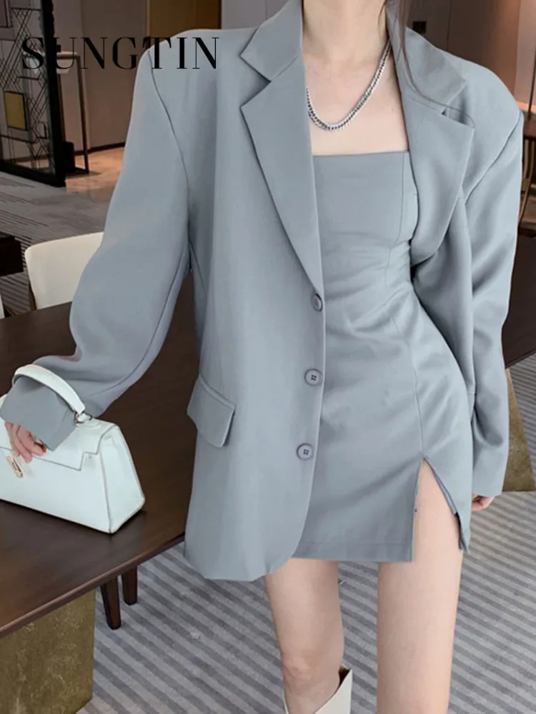 Sungtin 2022 Two Piece Women Sets Blazer Dress Suits OL Split Straps Bodycon Dresses Female Korean Oversize Elegant Jacket Coats | Женская