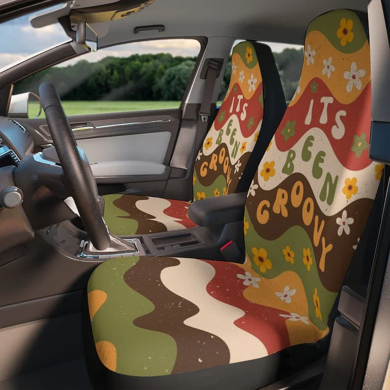 

Retro Groovy Waves Boho Car Seat Covers Set, Aesthetic Car Seat Cover, Y2k Car Accessories, Good vibes Groovy cute car seat deco