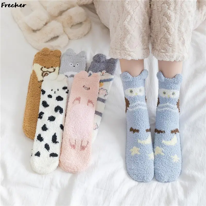 

Cartoon Cat Dog Coral Socks Keep Warm Soft Comfortable Sock 1 Pair Animal Cute Fleece Sox Women Kawaii Funny Sokken Winter