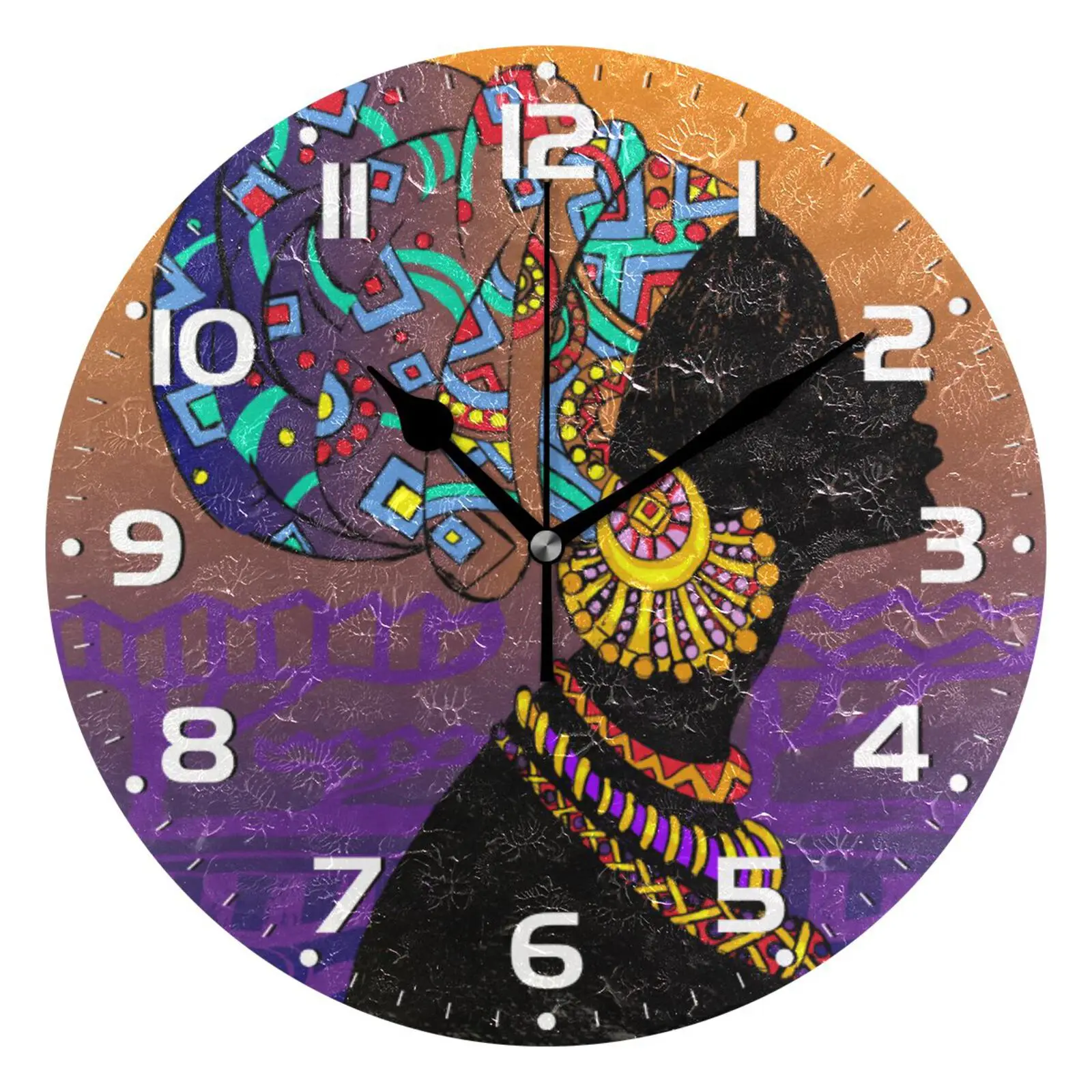 

Portrait Ethnic African Woman Print Silent Round Wall Clock Home Decor Non-Ticking Circle Hanging Wall Watch Quiet Desk Clock