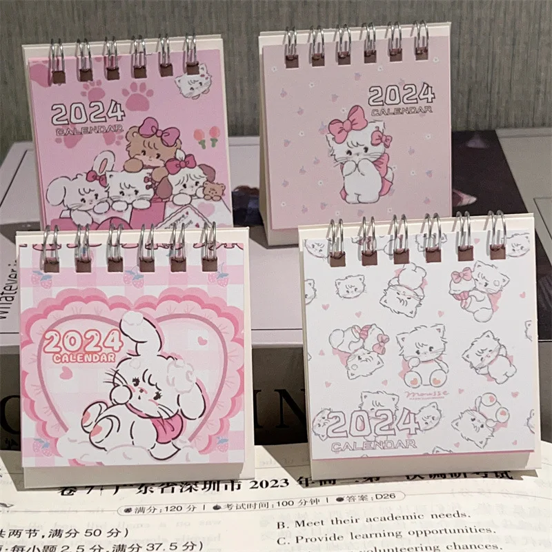 

2024, мультяшный календарь с розовым котом, изысканный и минималистичный освежающий настольный мини-календарь для заметок, звено, офисные и школьные принадлежности
