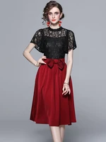 women summer black lace hollow out tops and stain bow midi umbrella skirt two piece sets 2022 runway fashion set suit