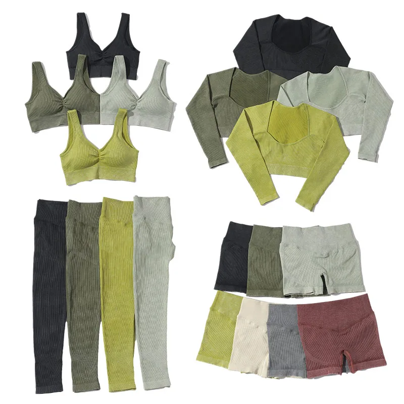 Женский бесшовный костюм для йоги облегающий топ и леггинсы с резинкой комплект