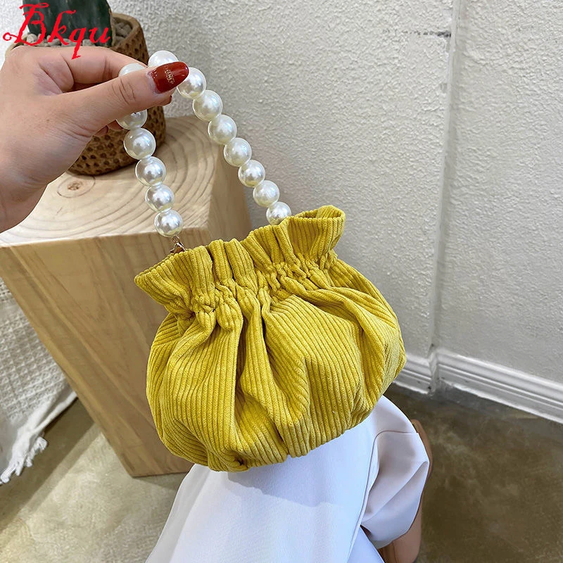 

Korean Elegant Pearls Bucket Bags for Lady's Women's Solid Yellow/Black/Green/Pink Corduroy Bags Fashion Handbag #B028