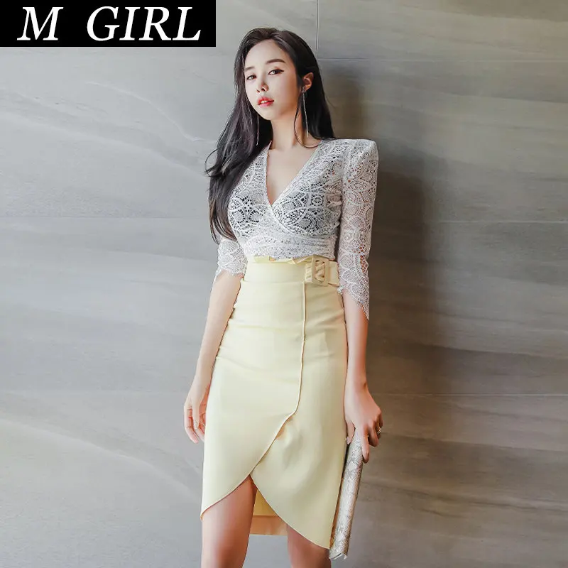 

M GIRLS Club Outfits Elegant Women Retro White Sexy Lace V-Neck Tops Shirt High Waist Midi Pencil Skirt Slim 2 Pieces Sets