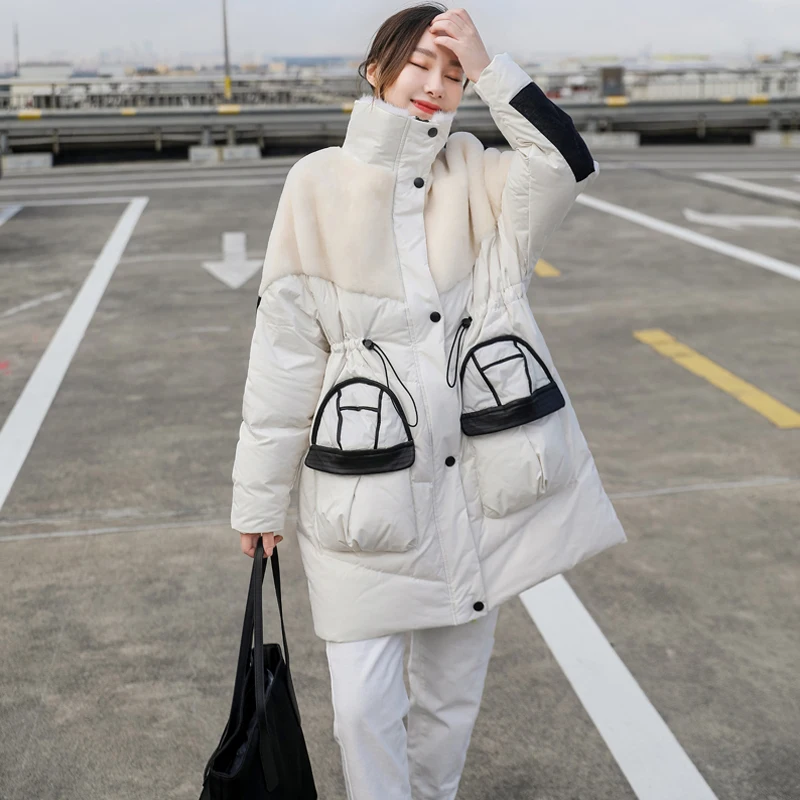 Зимняя женская куртка на 90% белом утином пуху теплая парка меховое шерстяное