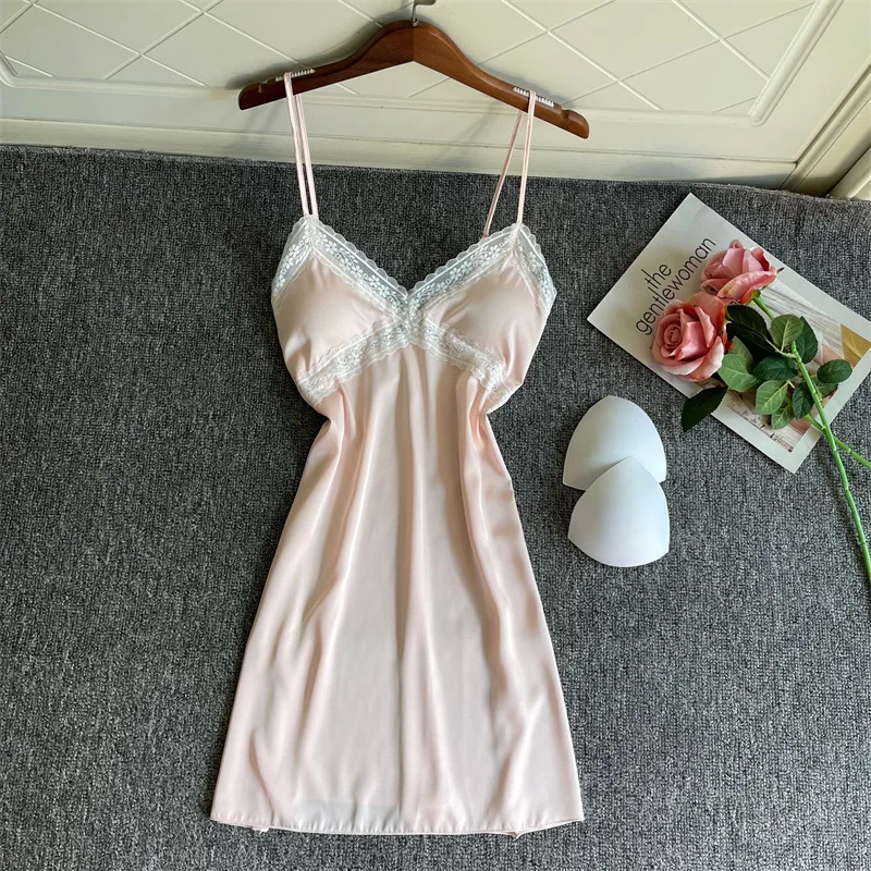 

Sexy Women Nightgown Sleepwear Patchwork Lace Mini Nightdress Intimate Lingerie Spring Summer Satin Nightwear Home Dressing Gown