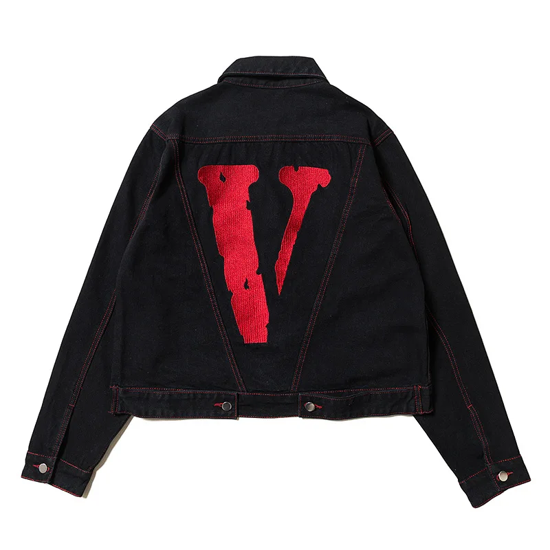

Vlone women/men new fashion loose black long sleeve large V Embroidered Denim Jacket couple Unisex Fashion leisure top
