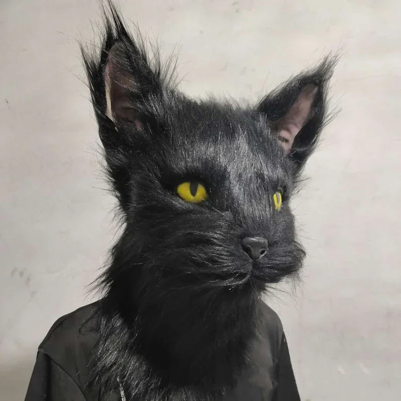 Латексная Маска для косплея с мехом черного кота страшный шлем Забавный костюм