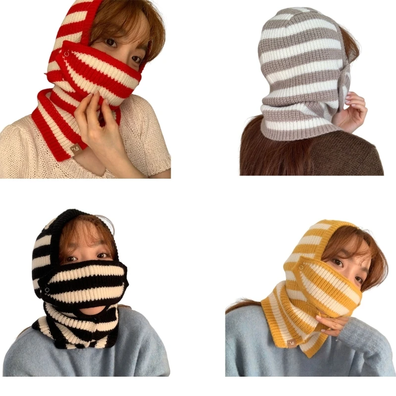 

Hooded Hat Scarf Striped Beanie Hat Hooded Mask Winter Fashion Knit Earflap Hooded Beanie Girls Crochet Beanie Earflap