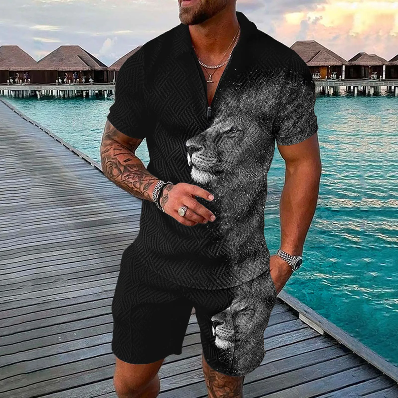 

Male Summer Casual Print Zipper Turn Down Collar Blouse Short Sleeve Tops Shirt Shorts Outfits Mens White Two Piece Suit
