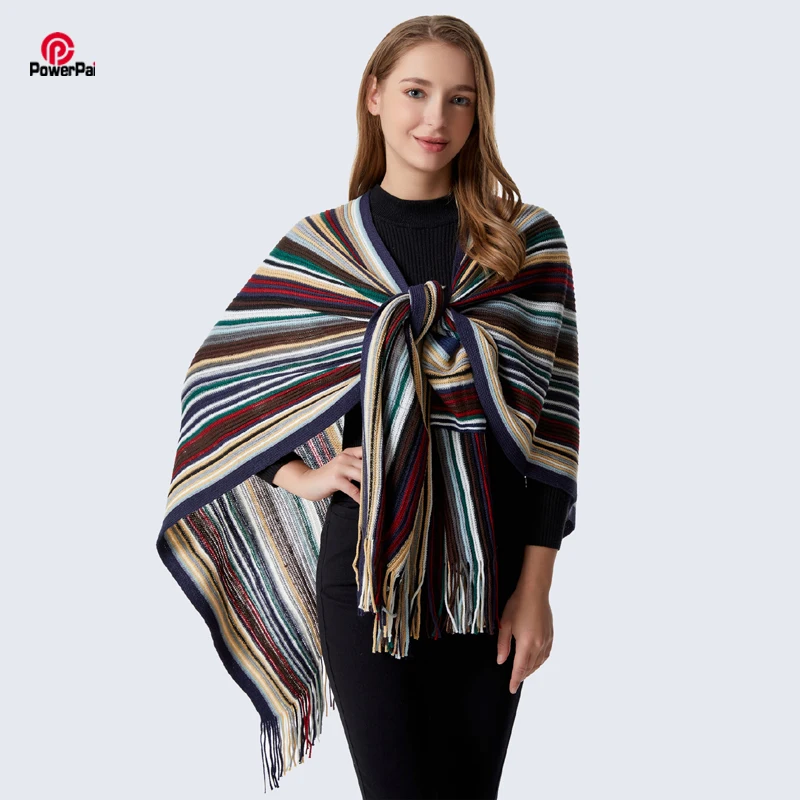 

Korea Style Colorful Stripes Knit Shawl Split Pockets Fall Winter Scarf Cape Fashion Pashmina Cardigan