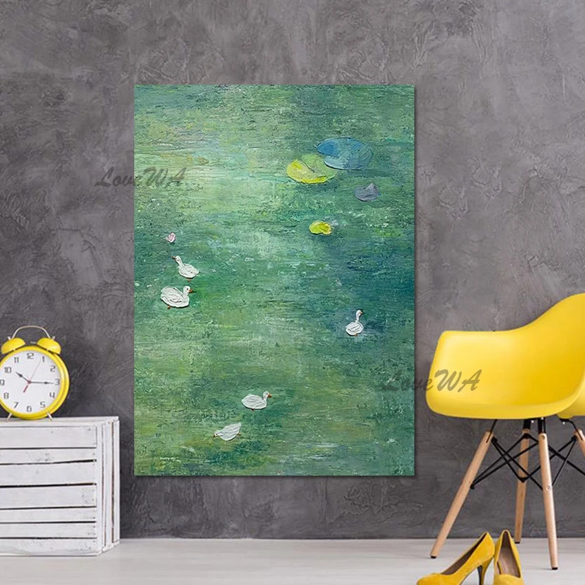 Лист лотоса пруд природный пейзаж настенная картина зеленая акриловая текстура