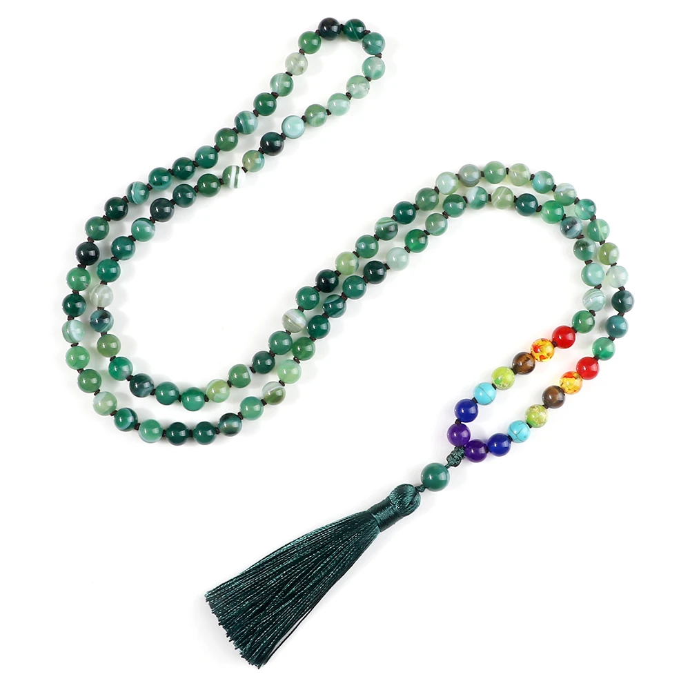 

108 Mala Beads Knotted Necklaces For Women Natural Green Agates Stone 7 Chakra Beads Necklaces Yoga Blessing Jewelry Mala Rosary