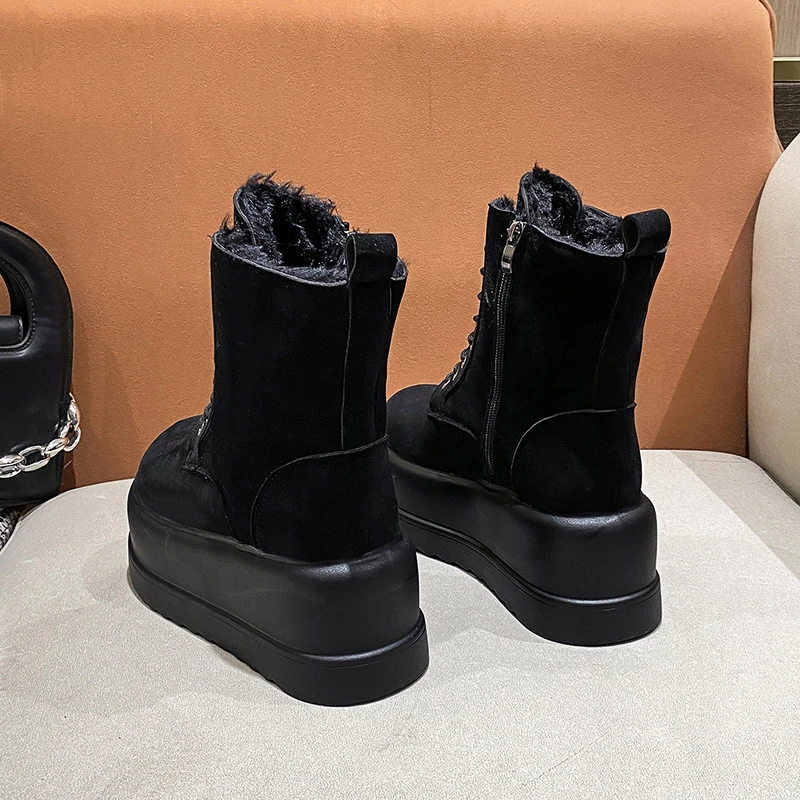 2022 Women Warm Plush Snow Boots Non-slip Winter Boots 7.5CM Suede Leather Chunky Sneakers Thick Fur High Platform Ankle Boots