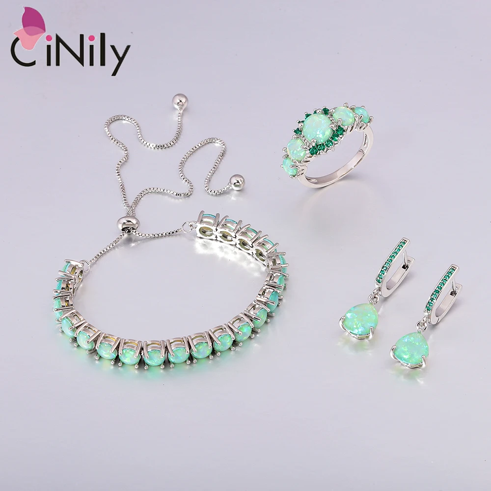 

CiNily Fire Green Opal Jewelry Set for women925 Sterling Sliver Bracelets & Drop Earrings & Rings With Zircon Bohemia Boho Woman