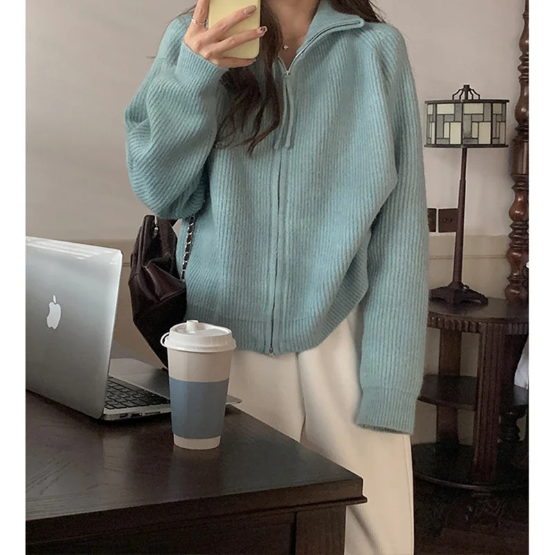 

Sting Neck Pit Stripe Double Head Zipper High Collar Spring Autumn Soft Glutinous Hide Meat Show Thin Knitted Cardigan Coat