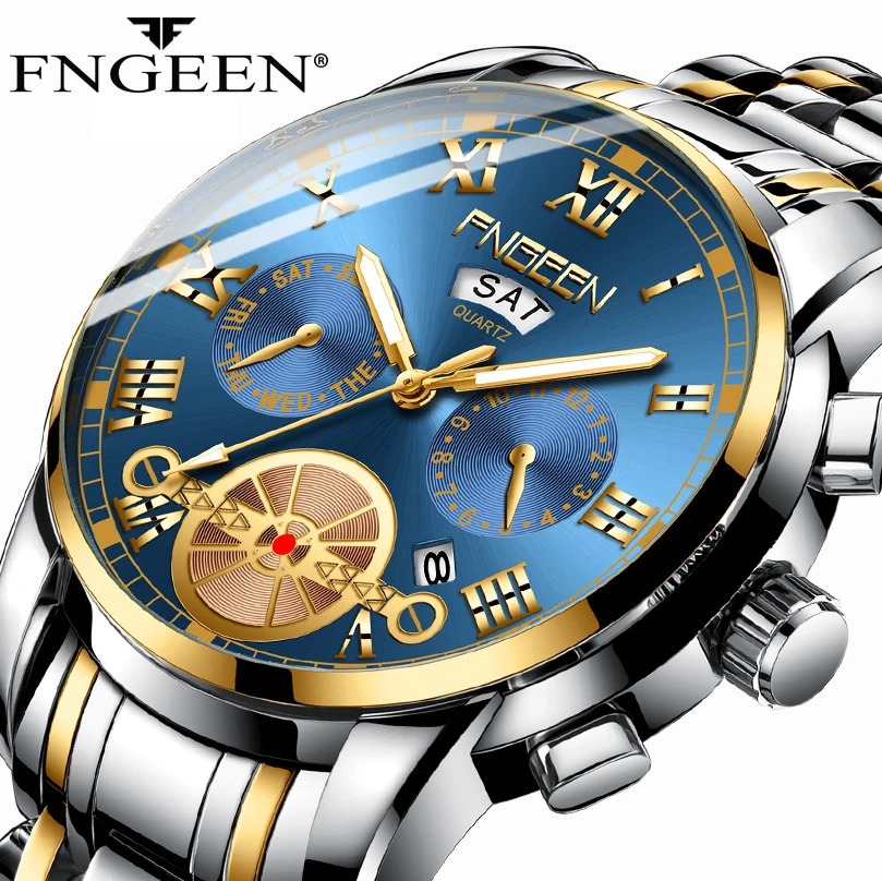

FNGEEN Fashion Mens Watch Quartz Classic Wristwatch Steel Luxury Calendar Date Business Watch Men relogio masculino de luxo