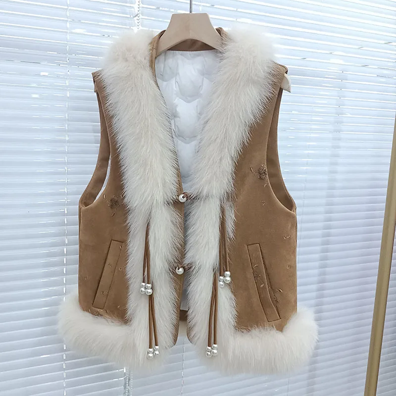 

Женский зимний теплый жилет с воротником из натурального Лисьего меха, модное пальто без рукавов, женский жилет из натурального Лисьего меха
