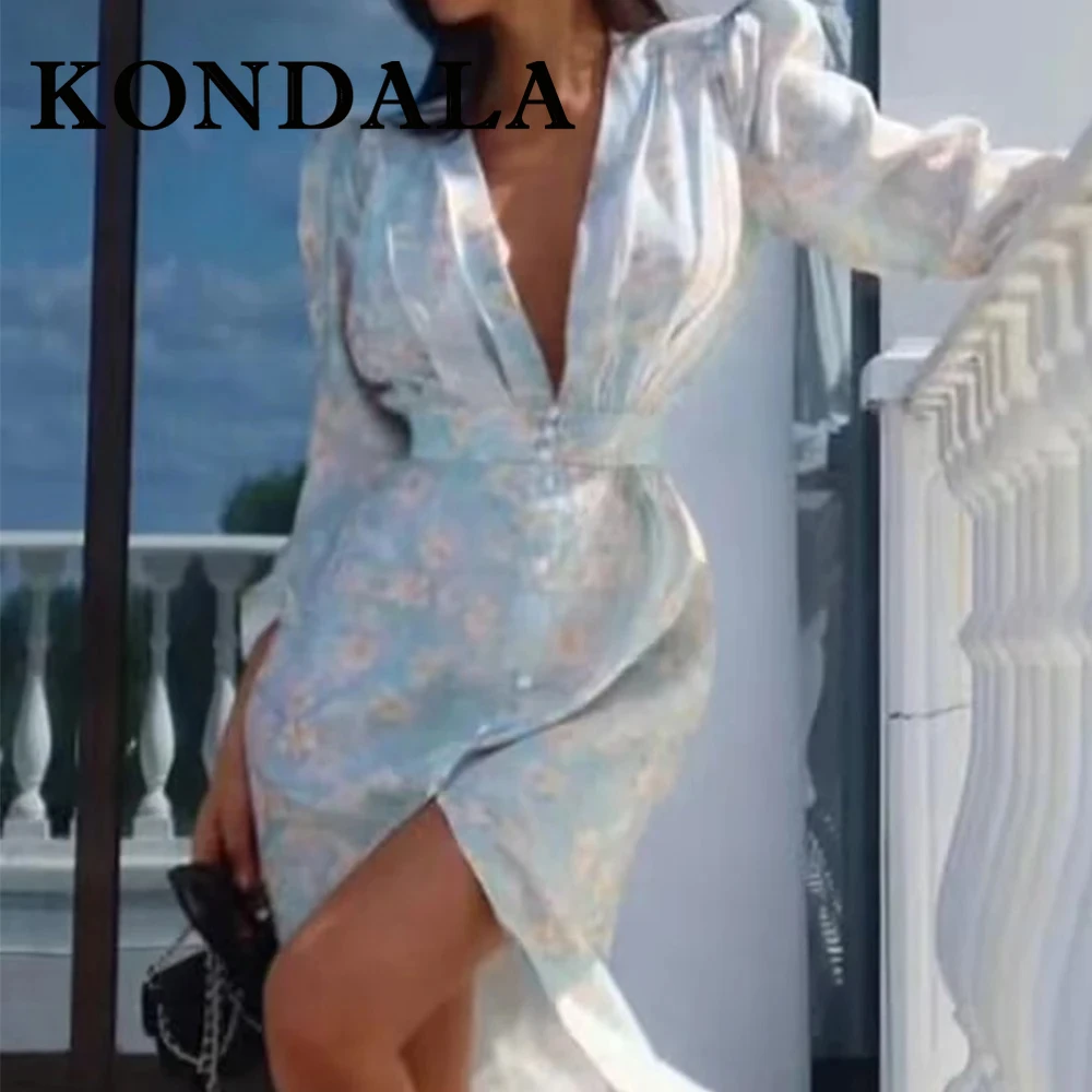 Фото KONDALA шикарные женские платья с цветочным принтом и бусинами, элегантное свадебное платье с v-образным вырезом для гостей, модное вечернее платье 2025 года, женские платья с пышными рукавами №4