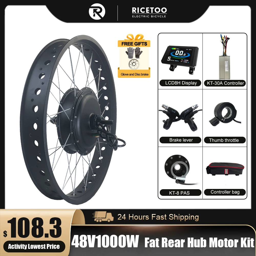 

48V1000W Fat Bike Kit 170mm /190mm Fat EBike Conversion Kit with 4.0 Tire 20"26" Brushless Gearless Motor Hub Wheel