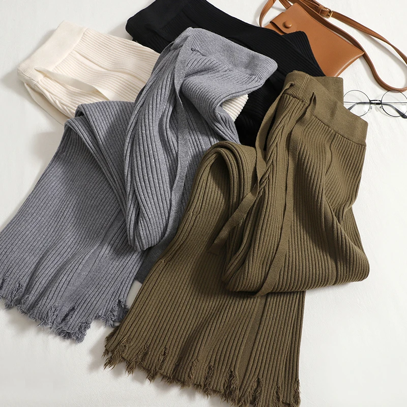 

Корейские женские трикотажные бриджи с кисточками для осени и зимы с высокой талией на шнуровке свободные широкие брюки однотонные повседн...