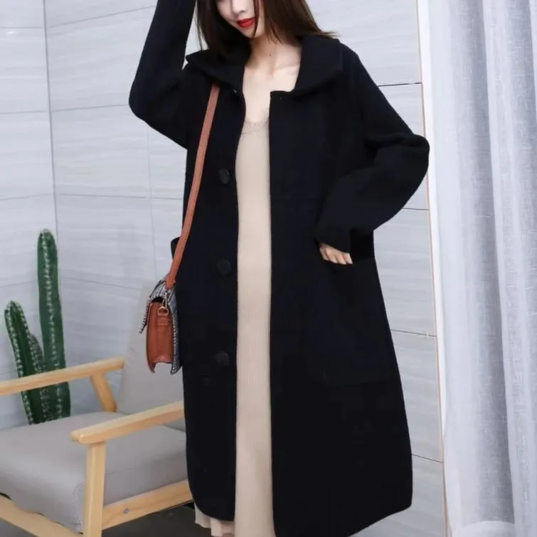 

Casual tweed coat,Imitation double-sided woolen coat Women's mid length autumn/winter new loose collar bright large pocket 2023