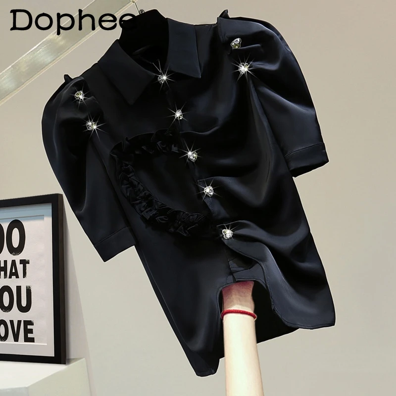 

2022 New Pleated Short Sleeves Shirt for Women Summer Korean Style Solid Color Ruffles Love Rhinestone Buckle Blouse Lady White