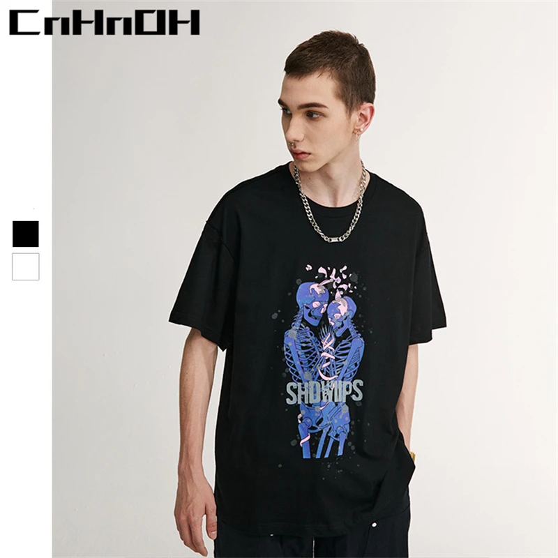 CnHnOH Spring And Summer New Street Fashion Brand Chic Skull Lover Printing Casual Loose Short-Sleeved T-Shirt Men A083