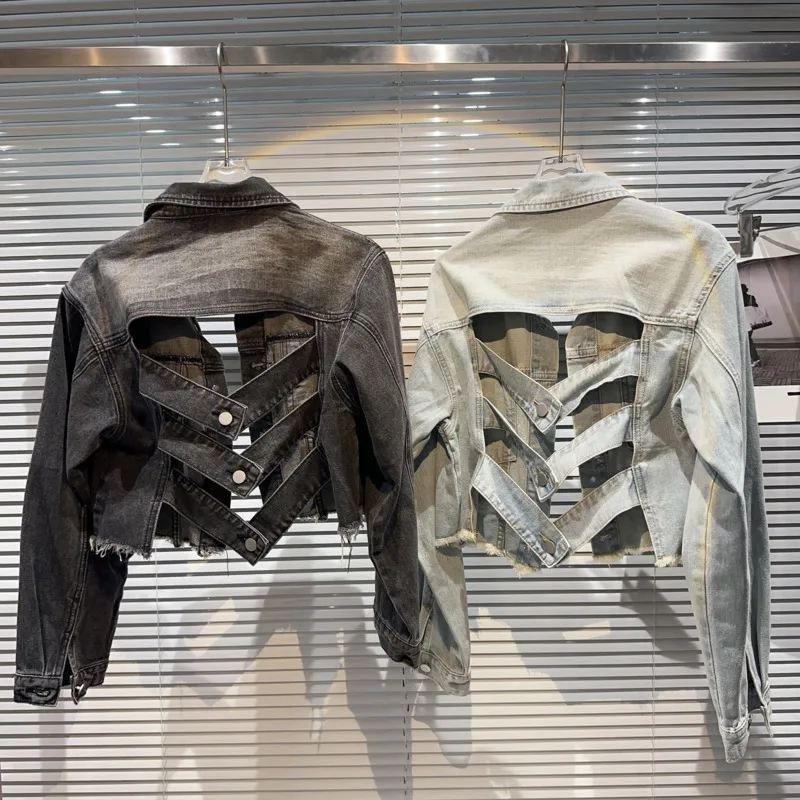

Женская джинсовая куртка с длинным рукавом, короткая куртка из денима с перекрещивающимися на спине вставками, GK977, осень 2023