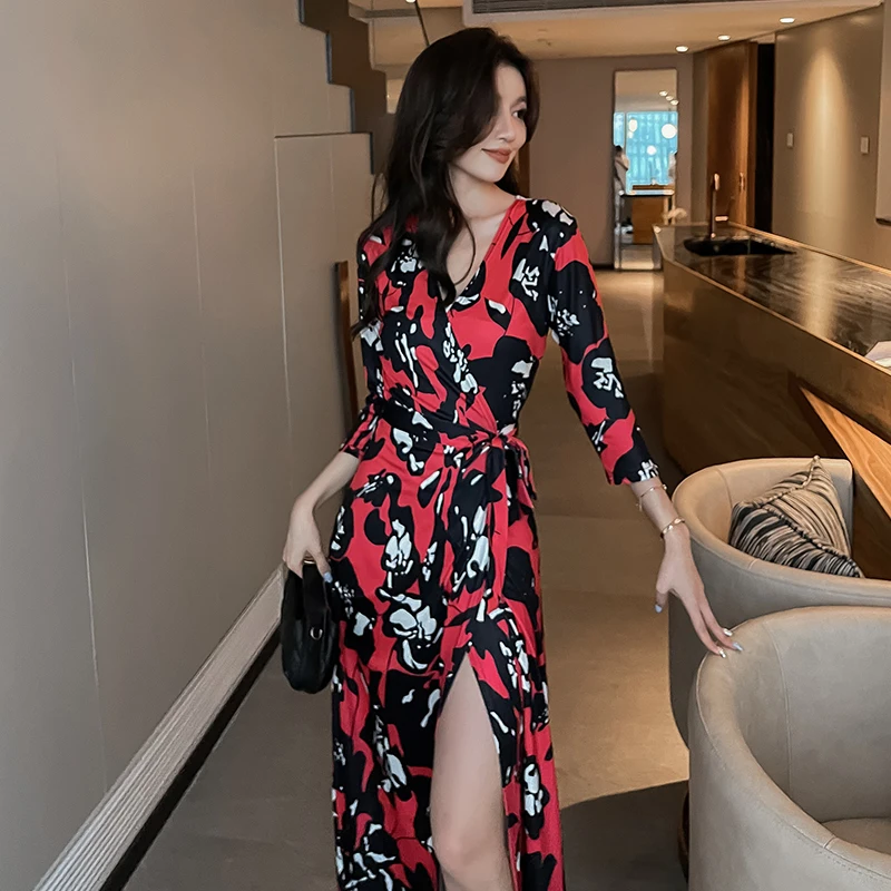 

V-neck Three-quarter Sleeve Floral Lace-up Slim Waist Korea Women Bohemian Beach Maxi Wrap Dresses Ankle-length Elegant Dress