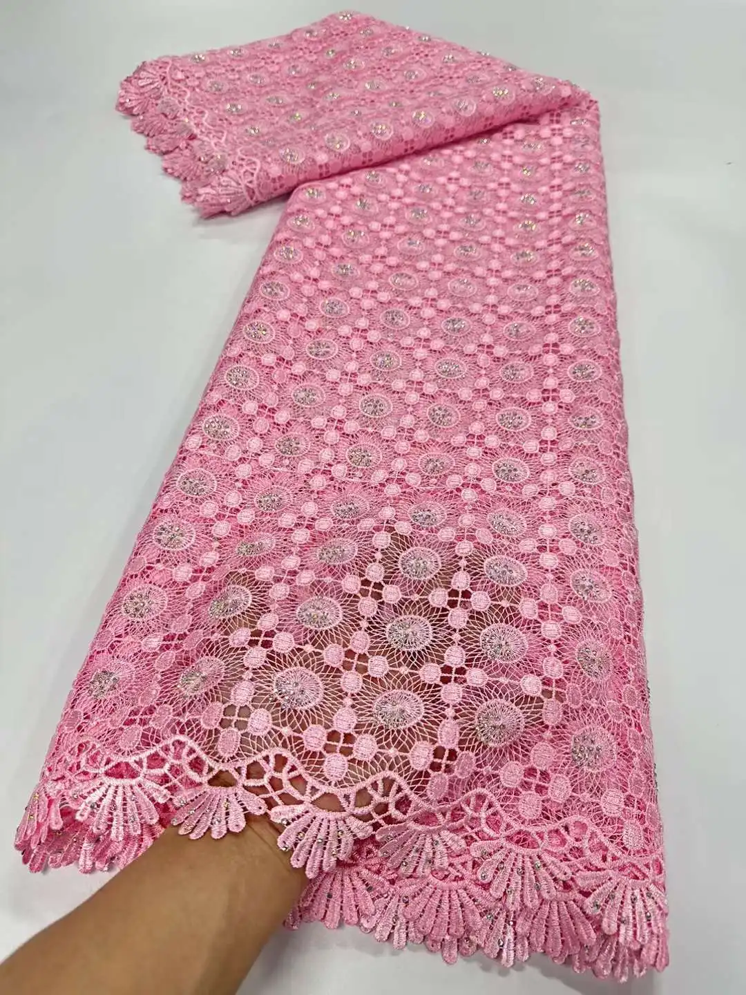 Белая африканская гипюровая кружевная ткань с блестками 2024 Высококачественная