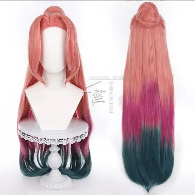 Купи 100cm Prestige Ocean Song Seraphine Cosplay Wig Bun LoL Gradient Pink Purple Body Wave Long Curly Heat Resistant Synthetic Hair за 2,192 рублей в магазине AliExpress