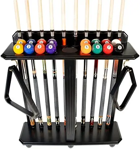

Stick - Cue Only - Wood Floor Stand Holds 10 Pool Sticks and a Full Set of Balls - Billiards Accessories - Mahogany