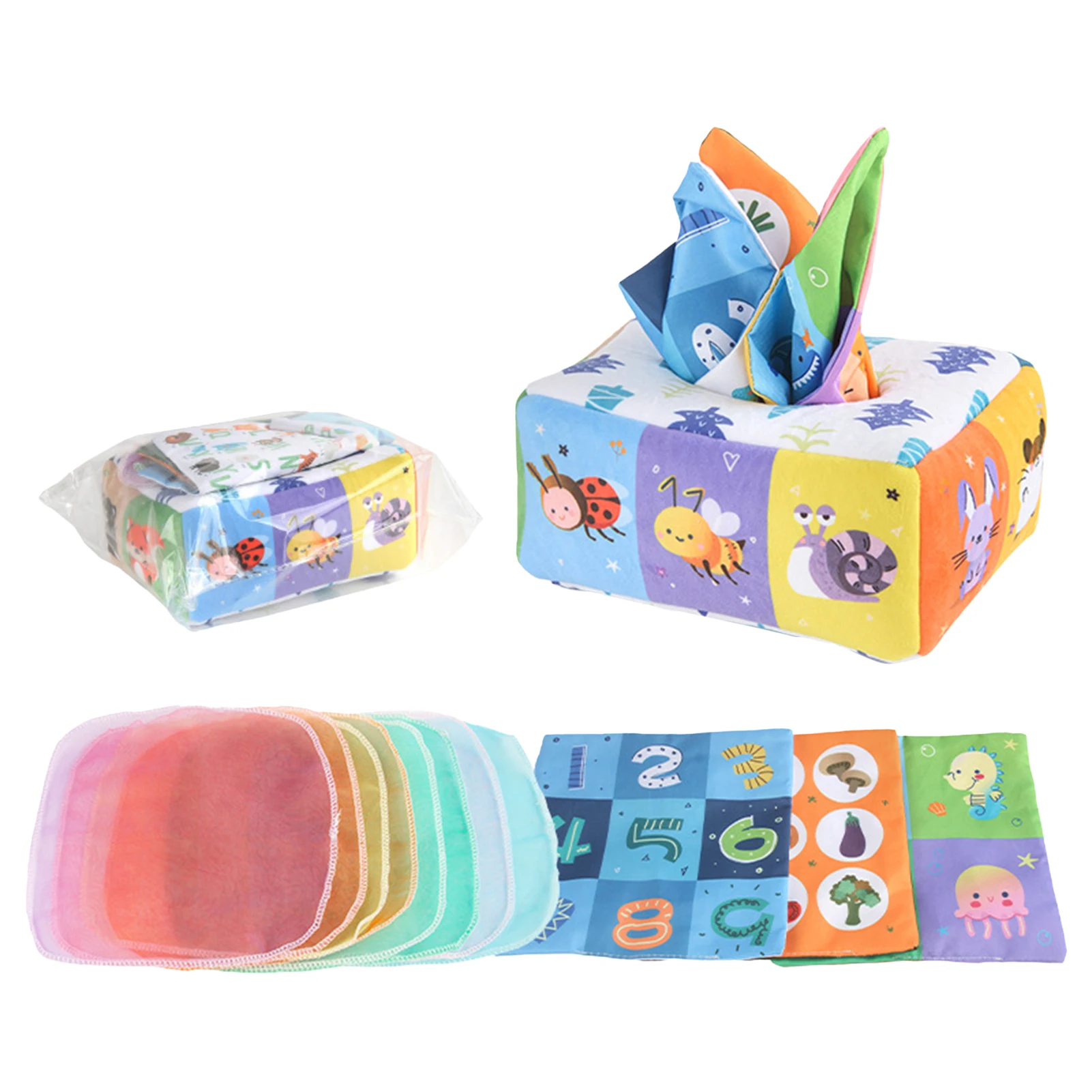 

Коробка для детских салфеток, игрушка, мягкие сенсорные игрушки для дошкольного обучения, игрушки Монтессори, игрушки, гофрированные игрушки, цветной мягкий шарф, коробка для 3, 6, 9