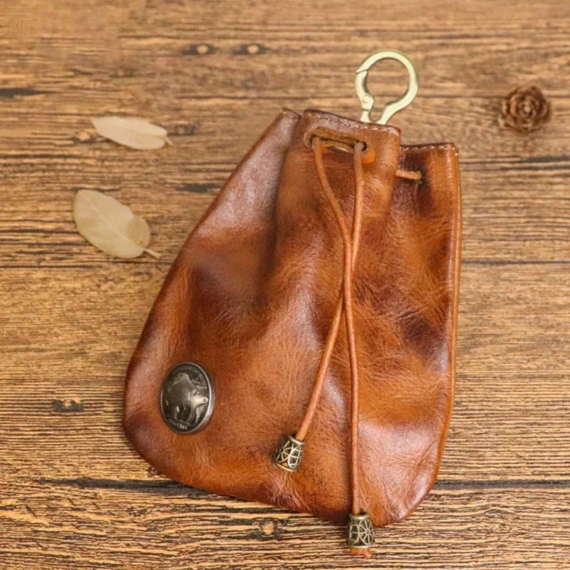

Genuine Leather Coin Purse For Women Men Vintage Handmade Small Drawstring Pocket Storage Bag With Keyring Card Holder Case