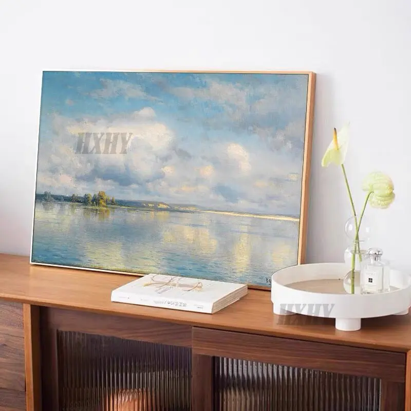 

Зеркало с изображением неба ручной работы 100%, пейзаж с российским озером, картина маслом, американская гостиная, вилла, столовая, современны...