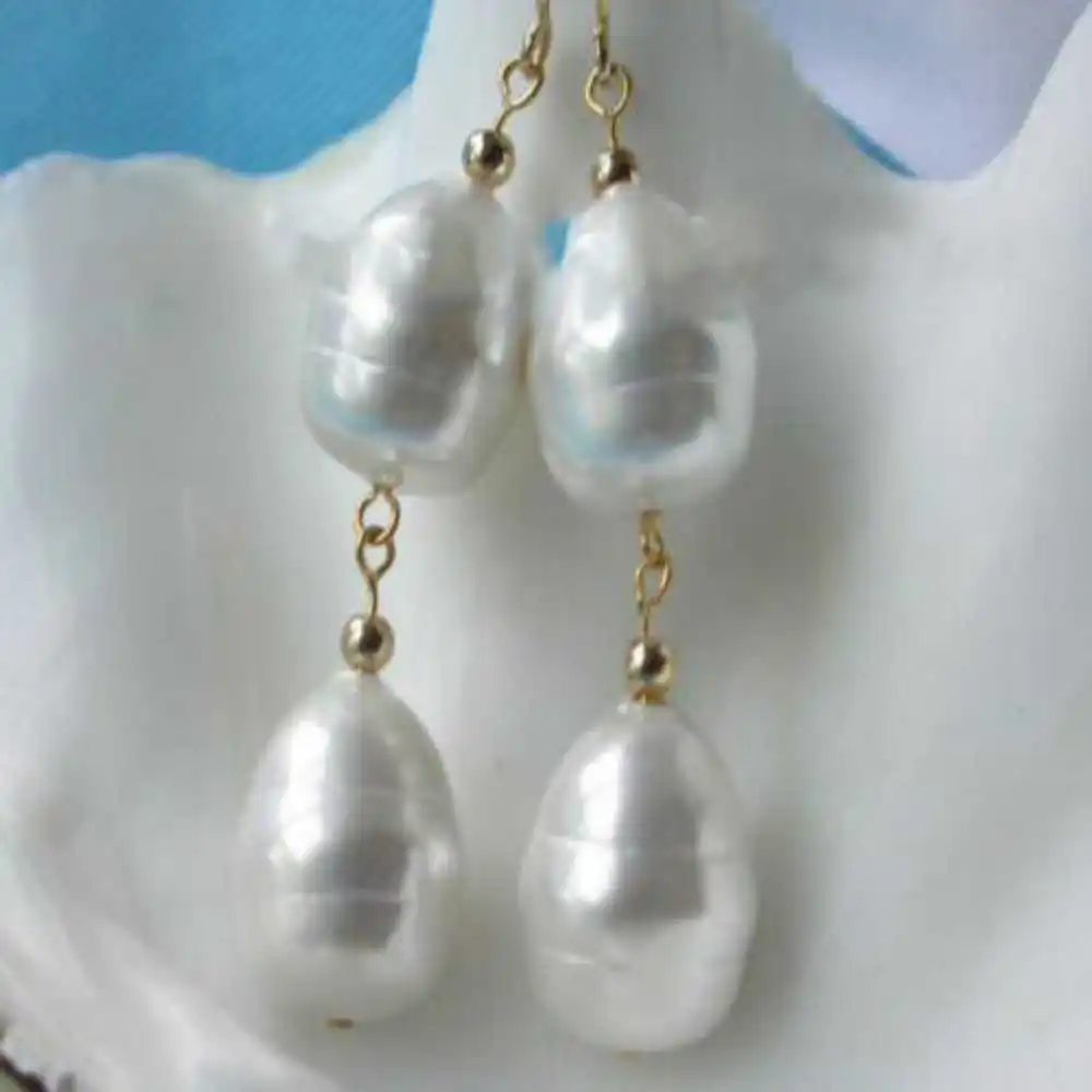 

AAA Baroque 12X15mm white south sea shell pearls Earrings 14K hook Thanksgiving FOOL'S DAY CARNIVAL Gift Holiday gifts