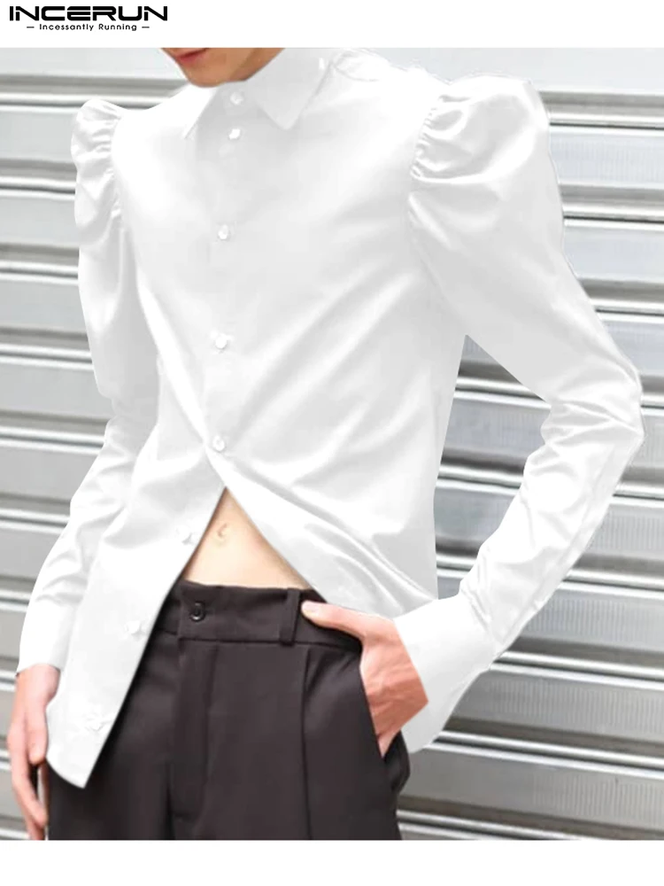 

INCERUN Fashion Men Casual Shirt Lapel Puff Long Sleeve Button Elegant 2022 Men Clothing Solid Color Streetwear Camisas S-5XL