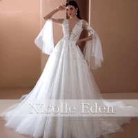 nicolle eden a line v neck wedding dresses for women 2022 customized button floor length lace appliques robe de soir%c3%a9e vestidos