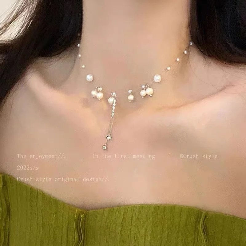 

New Arrive Korean Elegant Pearl Beads Necklace For Women Fashion Fish Line Crystal Pendant Collares Jewelry Gifts