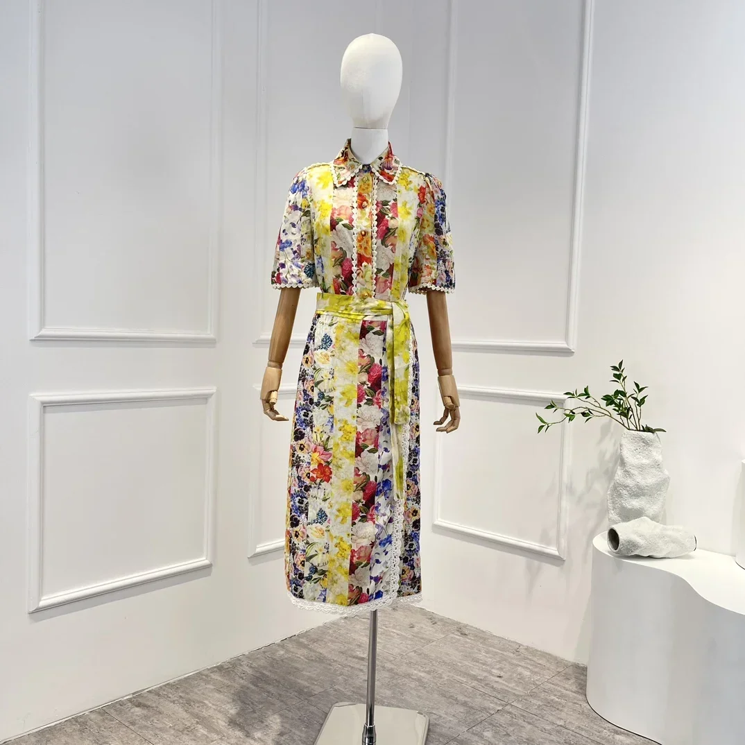 

2023 New Summer Top Quality Linen Vintage Graceful Floral Printing Lace Trim Belt Short Sleeve Blouse Midi Skirt Women Set